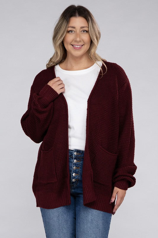 Plus Low Gauge Waffle Open Cardigan Sweater