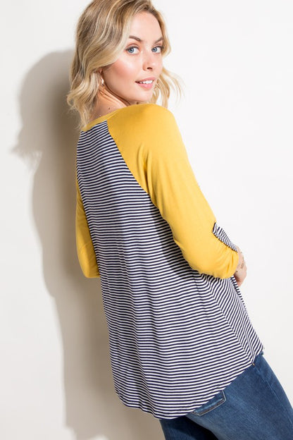 STRIPE SOLID ROLL UP SLEEVE TOP