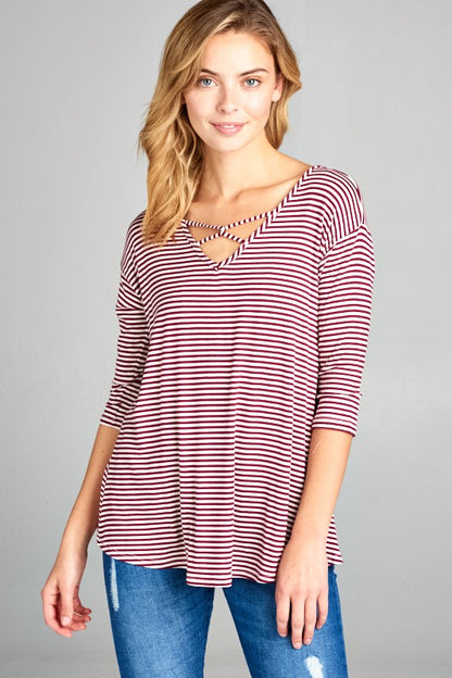 STRIPE JERSEY LACE UP NECK CASUAL TOP