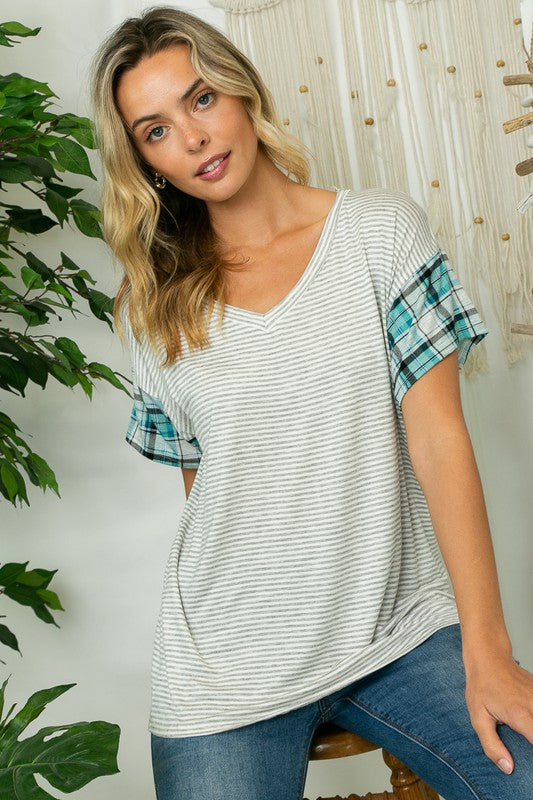 PLAID STRIPE MIXED BOXY TOP