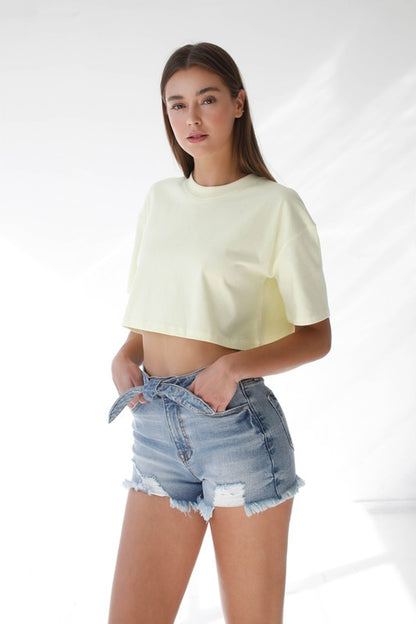 Ribbon Tie Frayed Denim Shorts