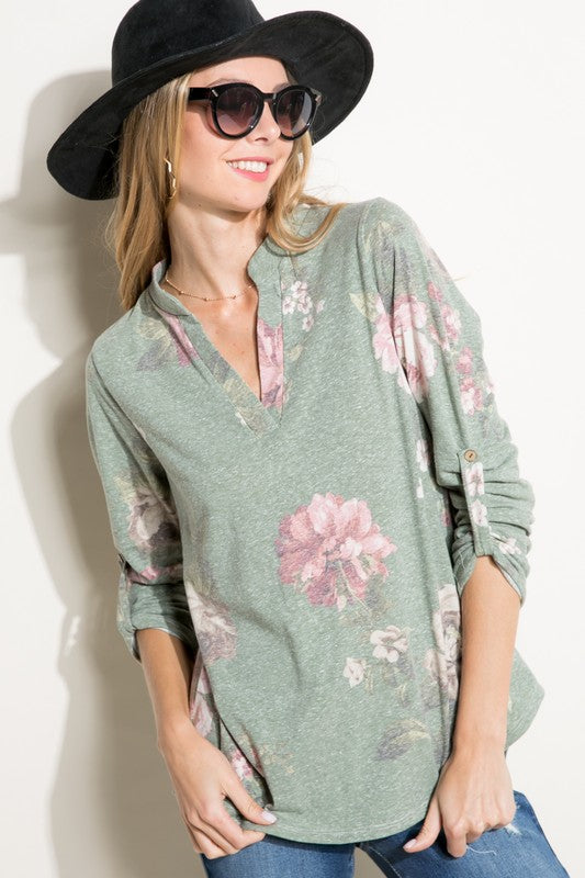 PLUS FLORAL SPLIT NK ROLL SL TOP