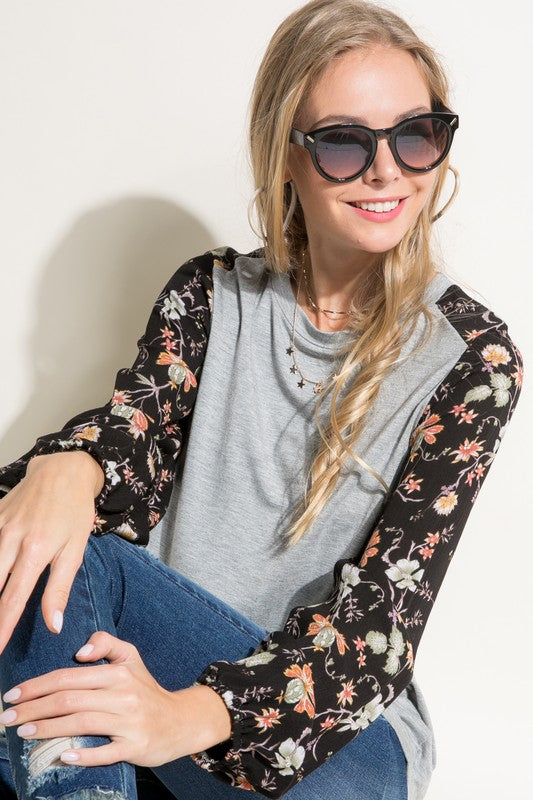 PLUS SOLID AND FLORAL PRINT MIXED CASUAL TOP