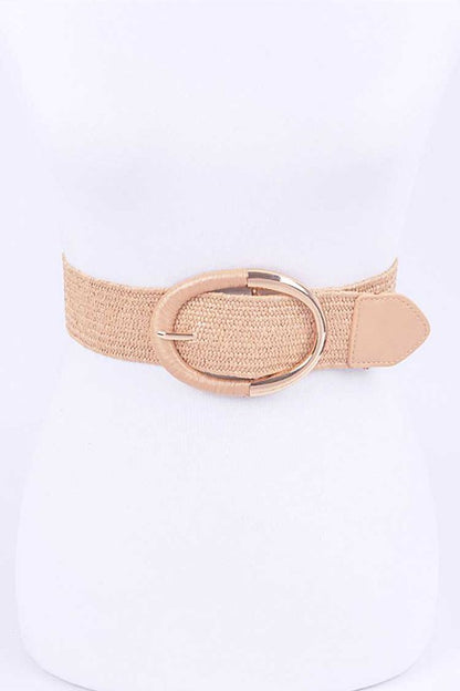 Oval Buckle Faux Straw Elastic Belt