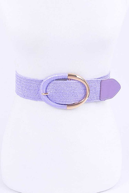 Oval Buckle Faux Straw Elastic Belt