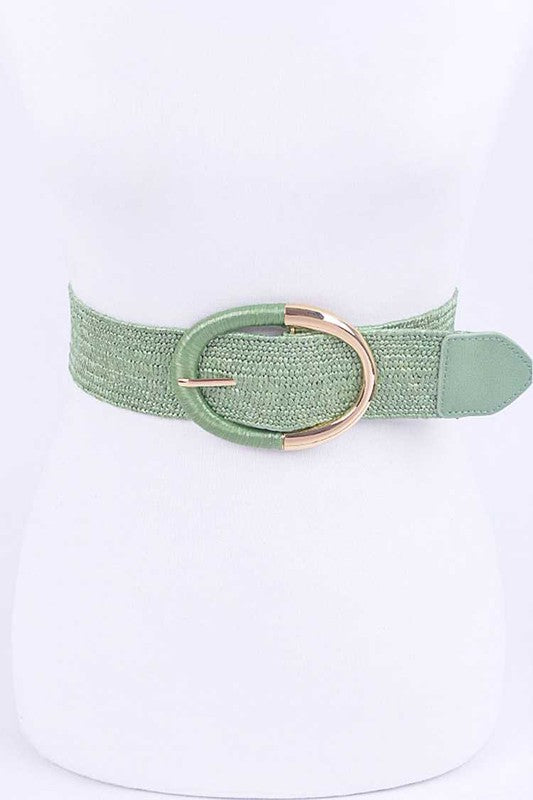 Oval Buckle Faux Straw Elastic Belt