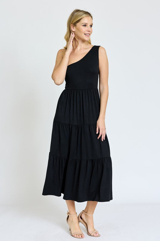 One Shoulder Ruffle Midi Dress