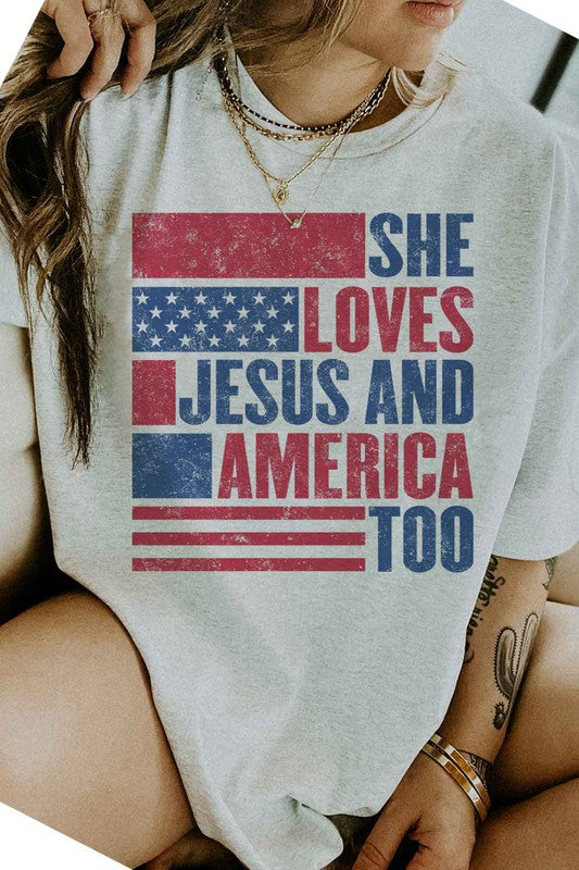 LOVES JESUS AND AMERICA GRAPHIC PLUS SIZE TEE