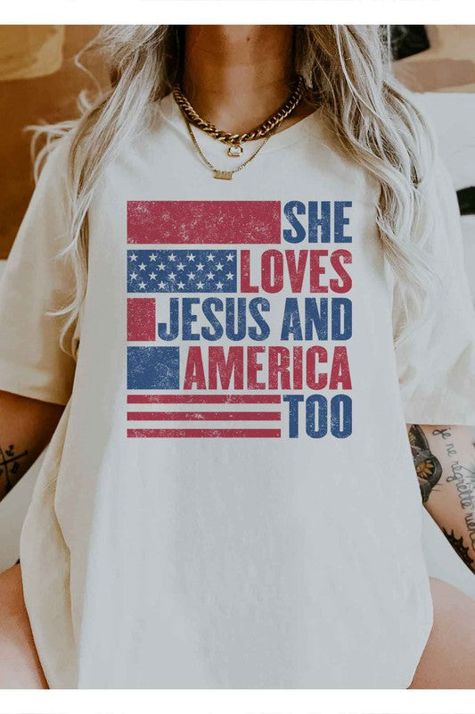 LOVES JESUS AND AMERICA GRAPHIC PLUS SIZE TEE