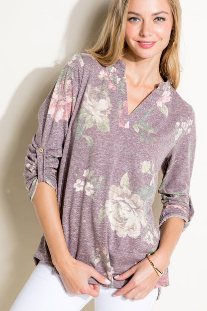 PLUS FLORAL SPLIT NK ROLL SL TOP