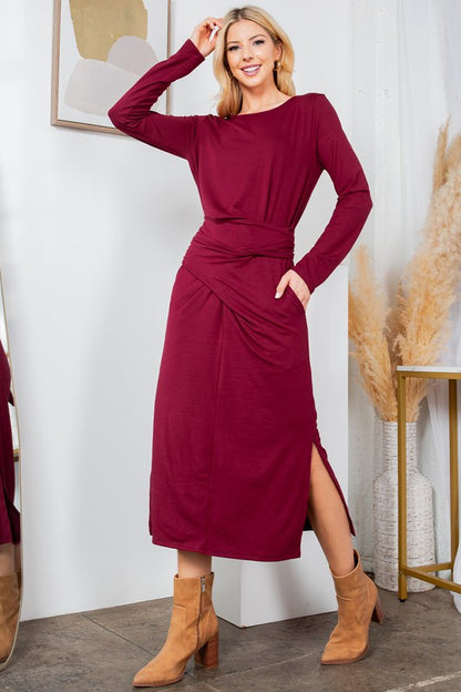 Waist Wrap Dress-with Pockets-SOLID