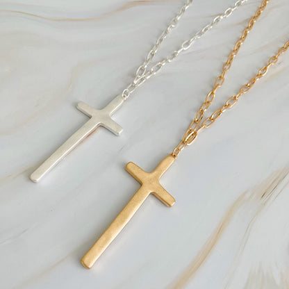 Hammered Cross Long Chain Necklace