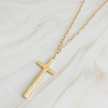 Hammered Cross Long Chain Necklace