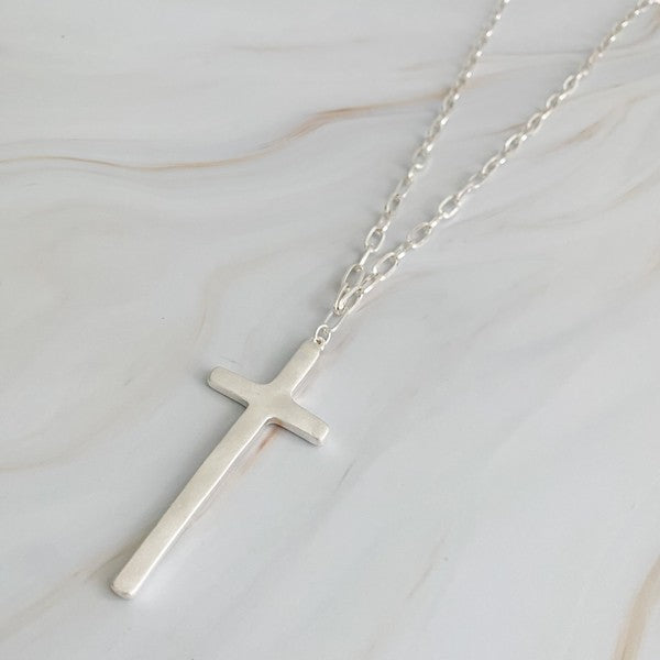 Hammered Cross Long Chain Necklace