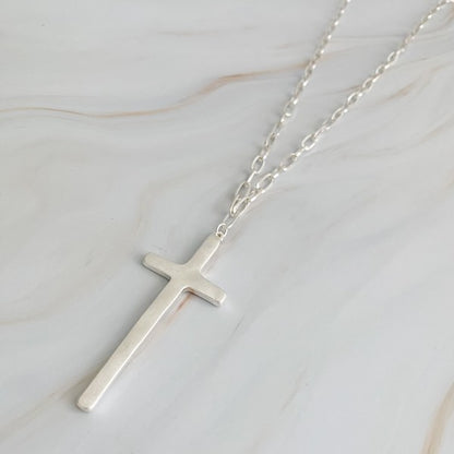 Hammered Cross Long Chain Necklace