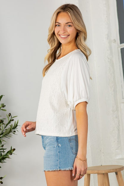 Lace Overlay Puff Sleeve Top