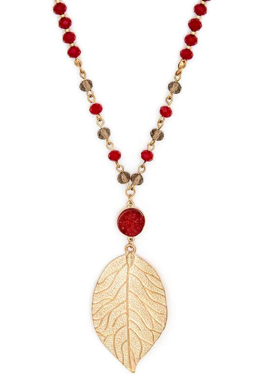 Textured Leaf Pendant Long Crystal Necklace