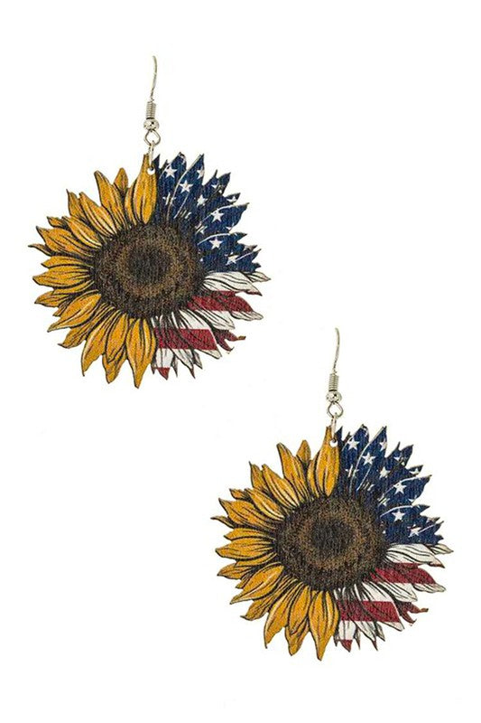 Flag Print Sunflower Wooden Earrings