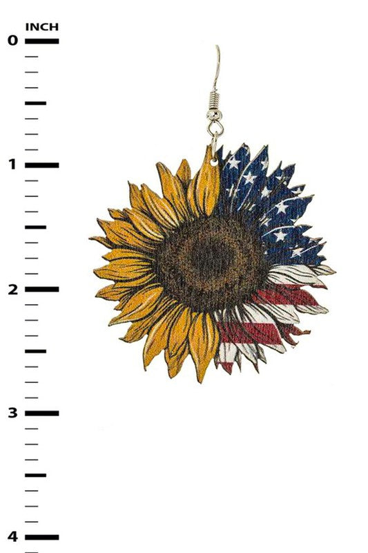 Flag Print Sunflower Wooden Earrings