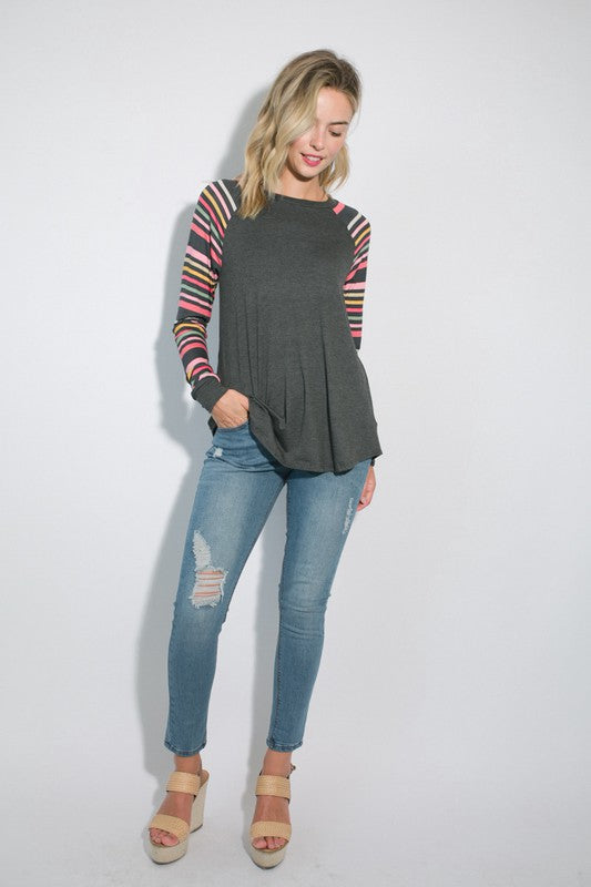 PLUS MULTI STRIPE PRINT AND SOLID MIXED CASUAL TOP