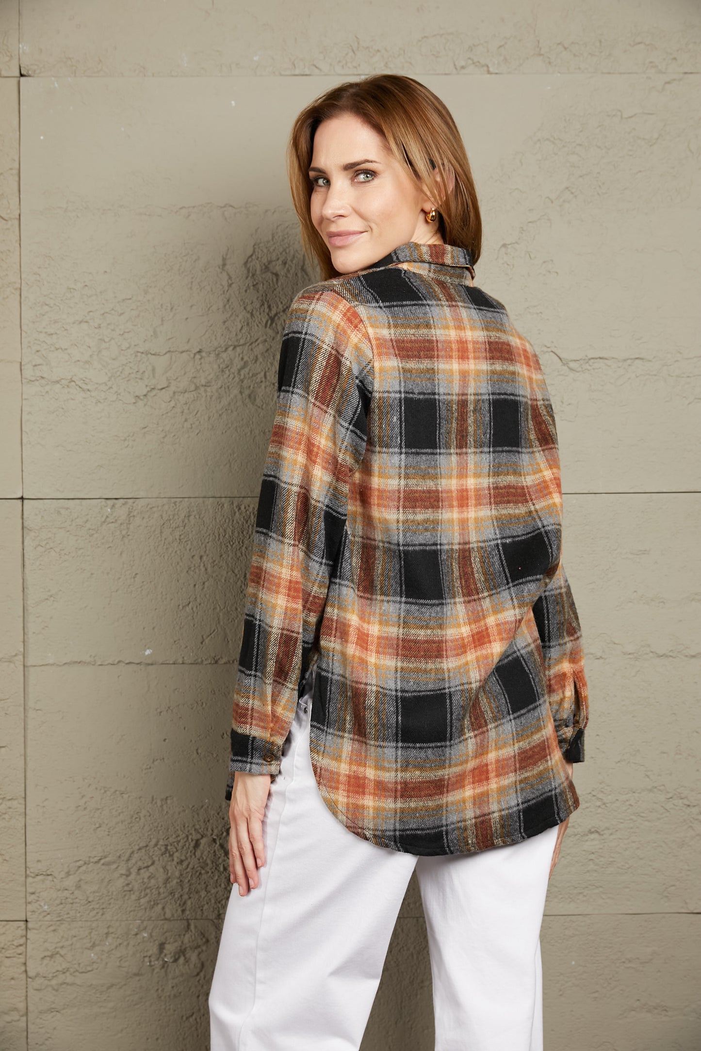 Double Take Plaid Side Slit Curved Hem Shirt