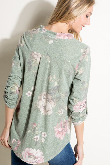 FLORAL SPLIT NK ROLL TAP SL TOP