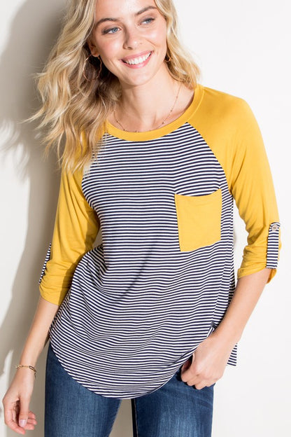 STRIPE SOLID ROLL UP SLEEVE TOP