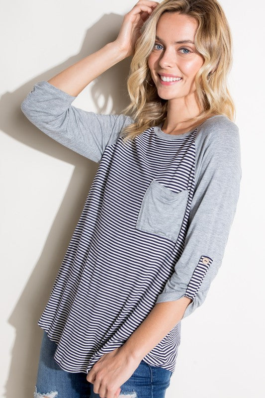 STRIPE SOLID ROLL UP SLEEVE TOP