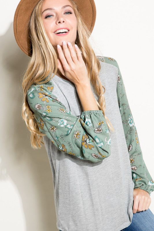 PLUS SOLID AND FLORAL PRINT MIXED CASUAL TOP