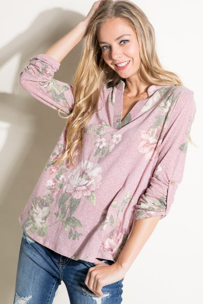 PLUS FLORAL SPLIT NK ROLL SL TOP