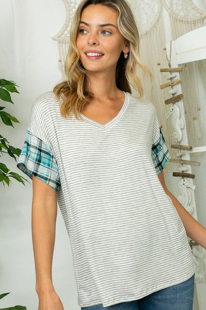 PLUS PLAID STRIPE MIXED BOXY TOP