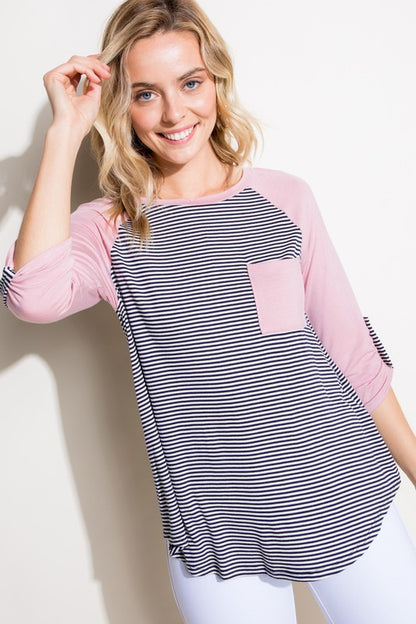 STRIPE SOLID ROLL UP SLEEVE TOP