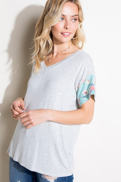 FLORAL MIXED SHORT SLEEVE BOXY TOP