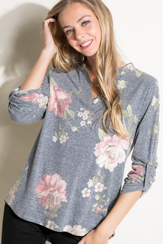 FLORAL SPLIT NK ROLL TAP SL TOP