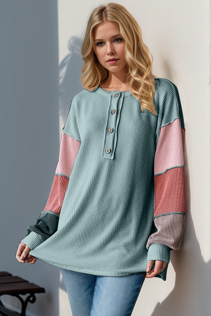 Double Take Full Size Color Block Round Neck Long Sleeve T-Shirt