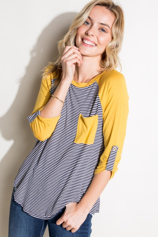 STRIPE SOLID ROLL UP SLEEVE TOP