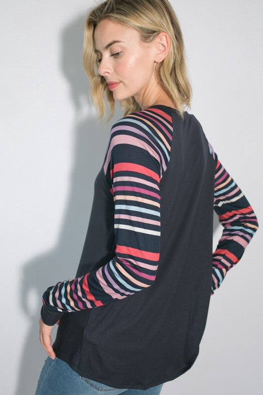 PLUS MULTI STRIPE PRINT AND SOLID MIXED CASUAL TOP