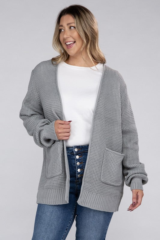 Plus Low Gauge Waffle Open Cardigan Sweater