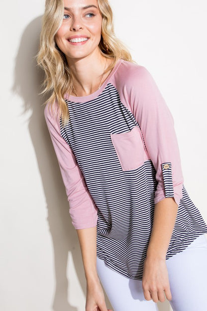 STRIPE SOLID ROLL UP SLEEVE TOP