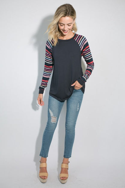 PLUS MULTI STRIPE PRINT AND SOLID MIXED CASUAL TOP