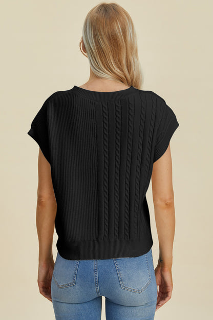 Double Take Full Size Cable-Knit Round Neck Short Sleeve Sweater