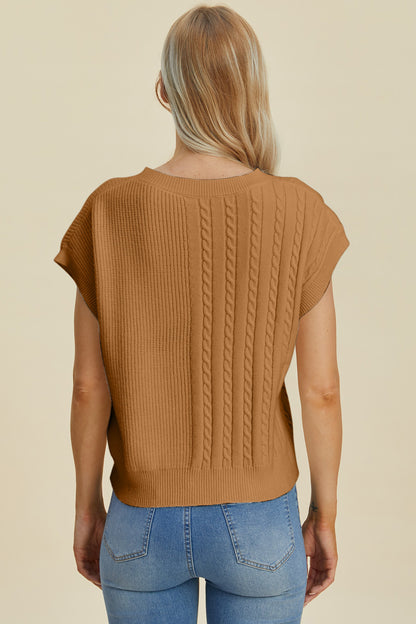 Double Take Full Size Cable-Knit Round Neck Short Sleeve Sweater