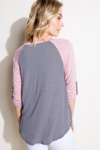 STRIPE SOLID ROLL UP SLEEVE TOP