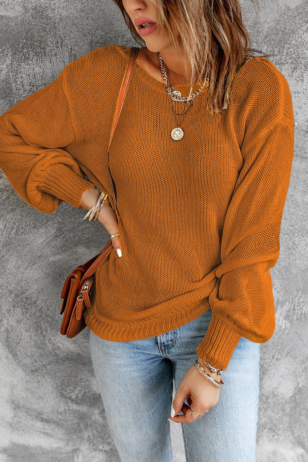 Double Take Tied Balloon Sleeve Round Neck Sweater