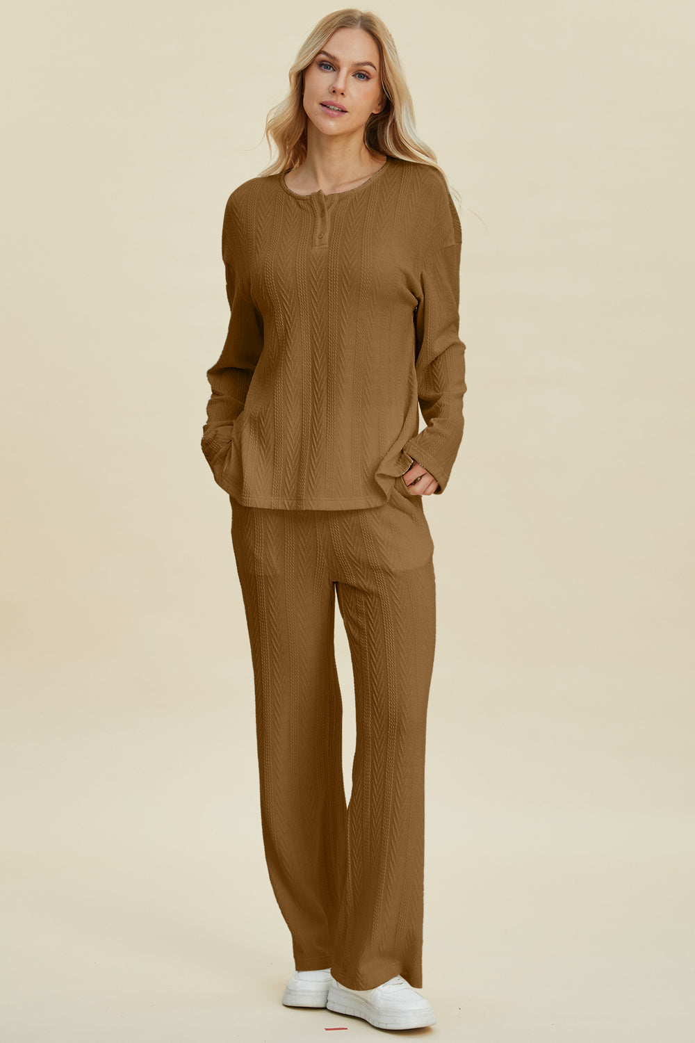 Double Take Full Size Cable-Knit Long Sleeve Top and Pants Set