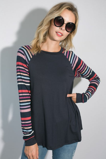 PLUS MULTI STRIPE PRINT AND SOLID MIXED CASUAL TOP