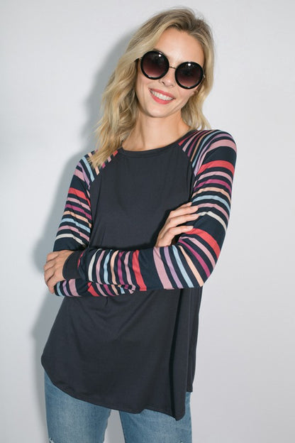 PLUS MULTI STRIPE PRINT AND SOLID MIXED CASUAL TOP