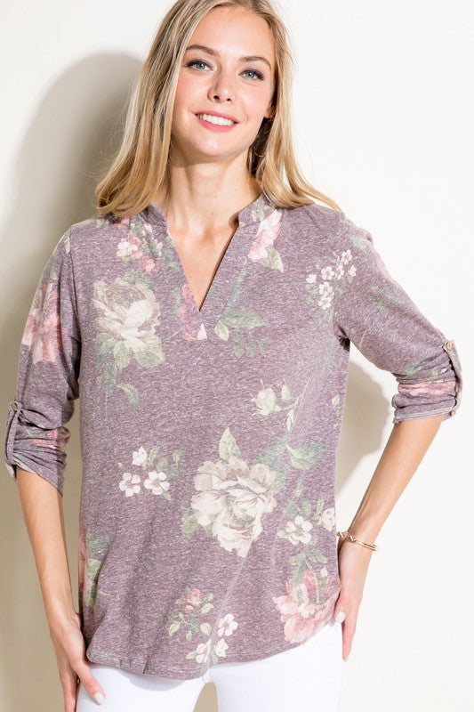 PLUS FLORAL SPLIT NK ROLL SL TOP