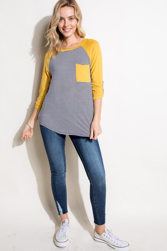 STRIPE SOLID ROLL UP SLEEVE TOP