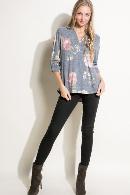 FLORAL SPLIT NK ROLL TAP SL TOP